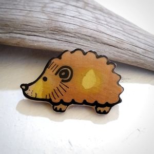Adorable Hedgehog cartoon pin on wood hand painted marked JG